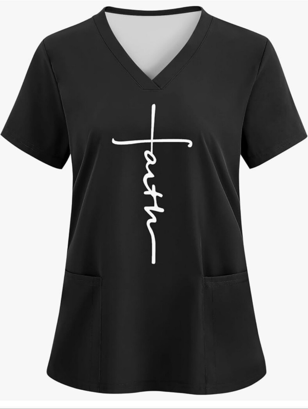 Lomon Women’s Black V-Neck Scrub Top with Faith Cross Script Size XXXL